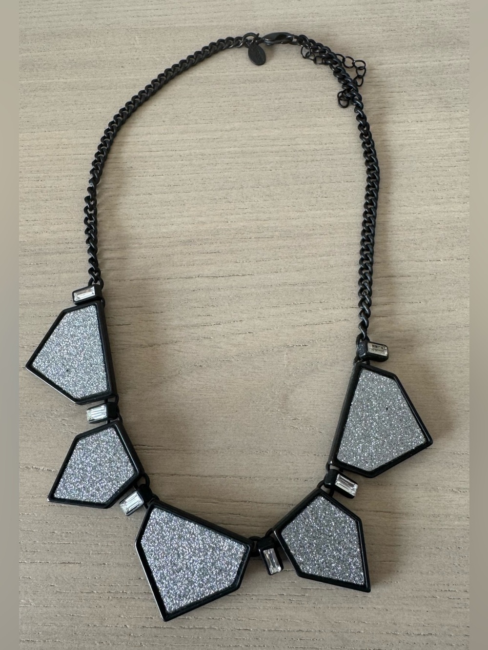 Express - Black and Silver Glitter Pentagon-Shaped Statement Necklace